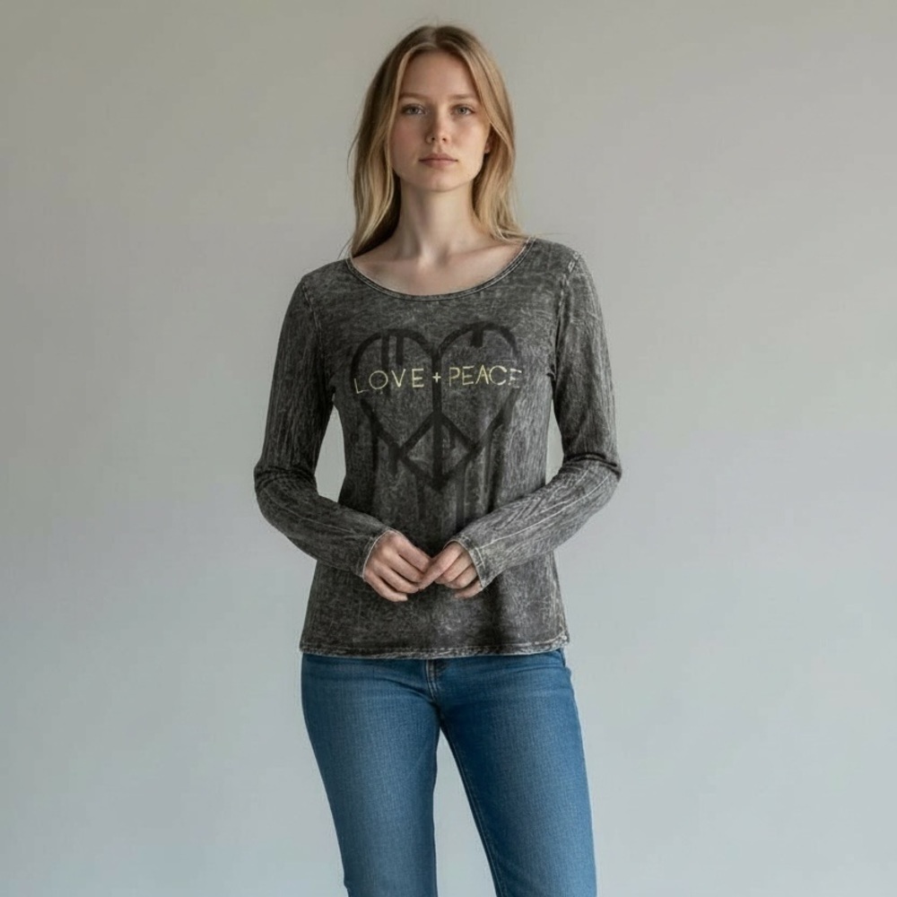 Love + Peace Graphic Long Sleeve Top Cutout Back